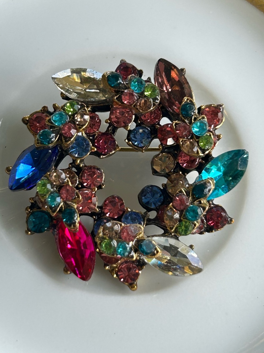Vintage Multicolor Crystal Wreath Brooch